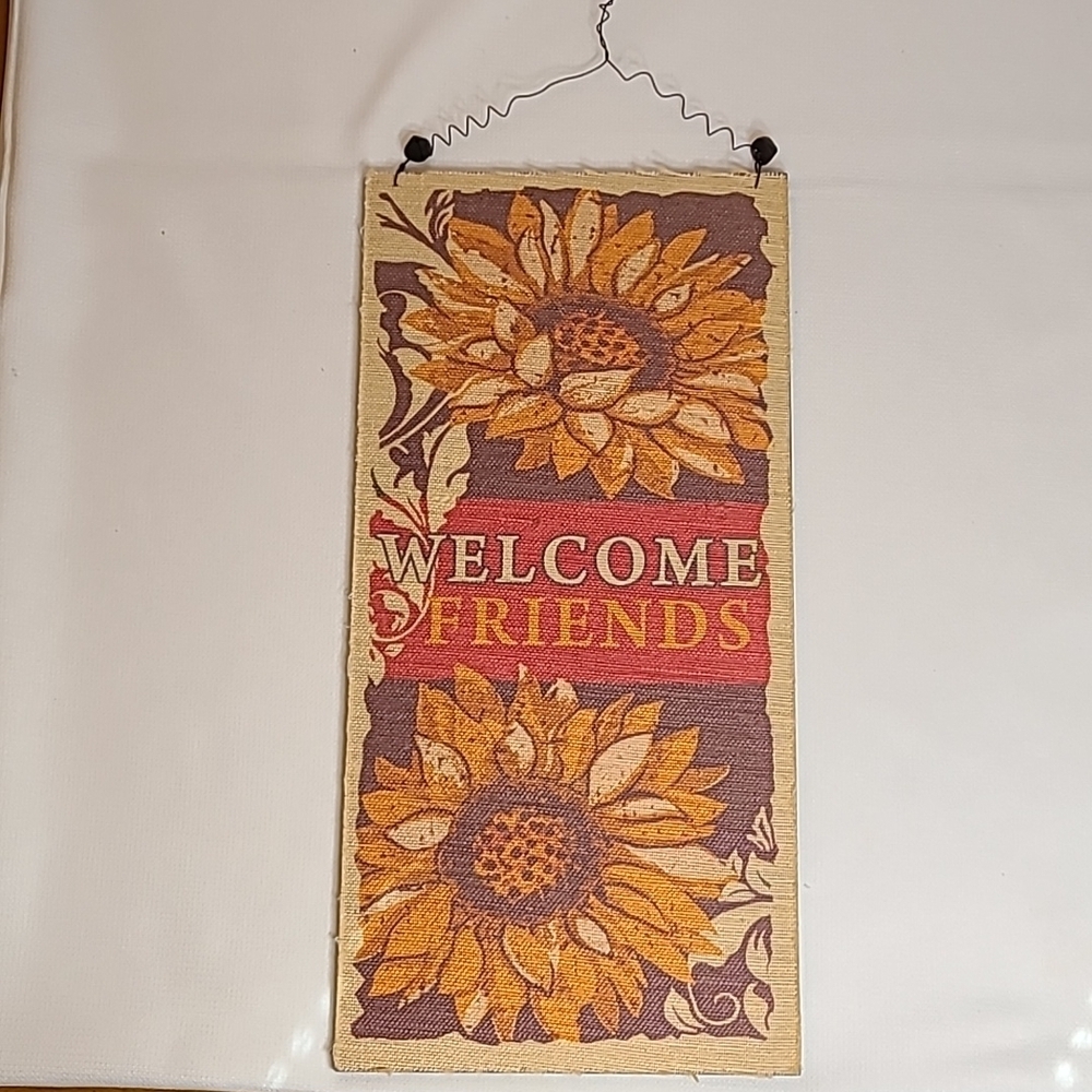 Vintage mounted burlap Welcome Friends sign  Sunflowers 18.5" x 9" approx